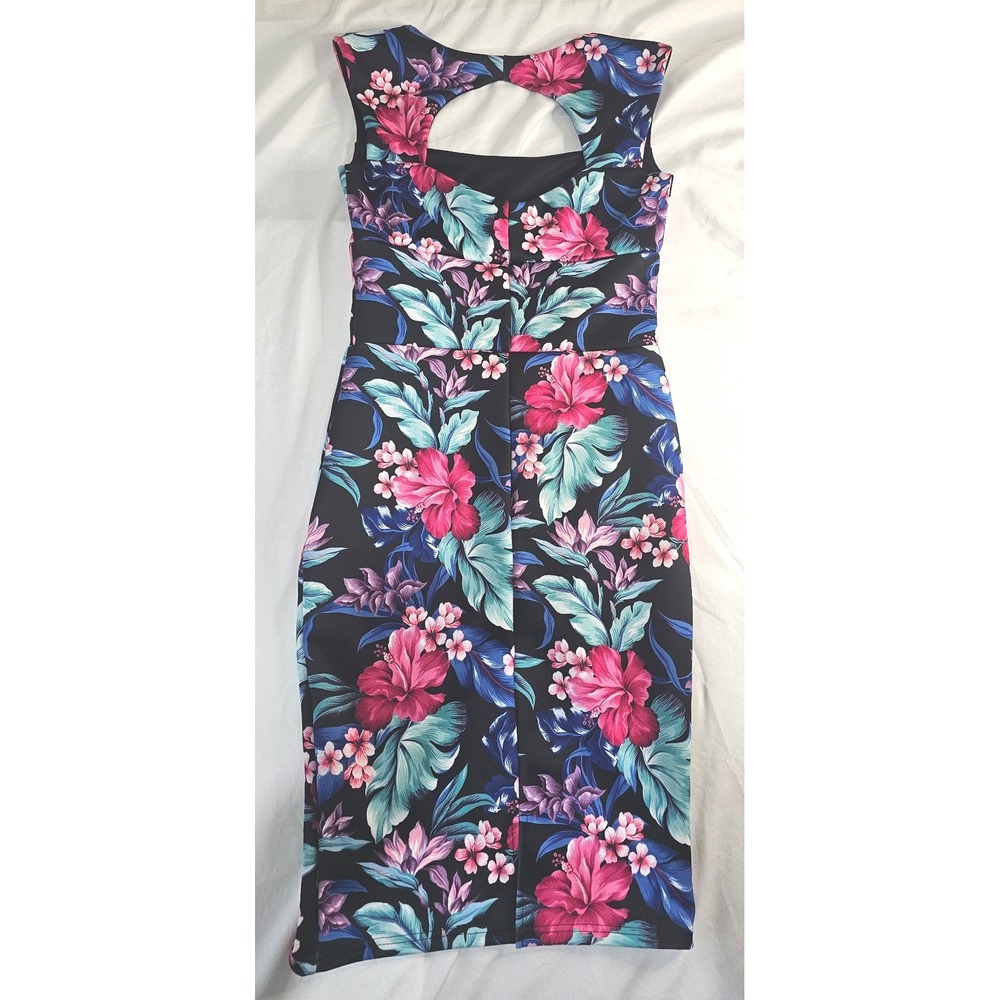 Venus Floral Tropical Hibiscus Sheath Dress Black Pink Blue Size 2 Cutout Back - Picture 2 of 7